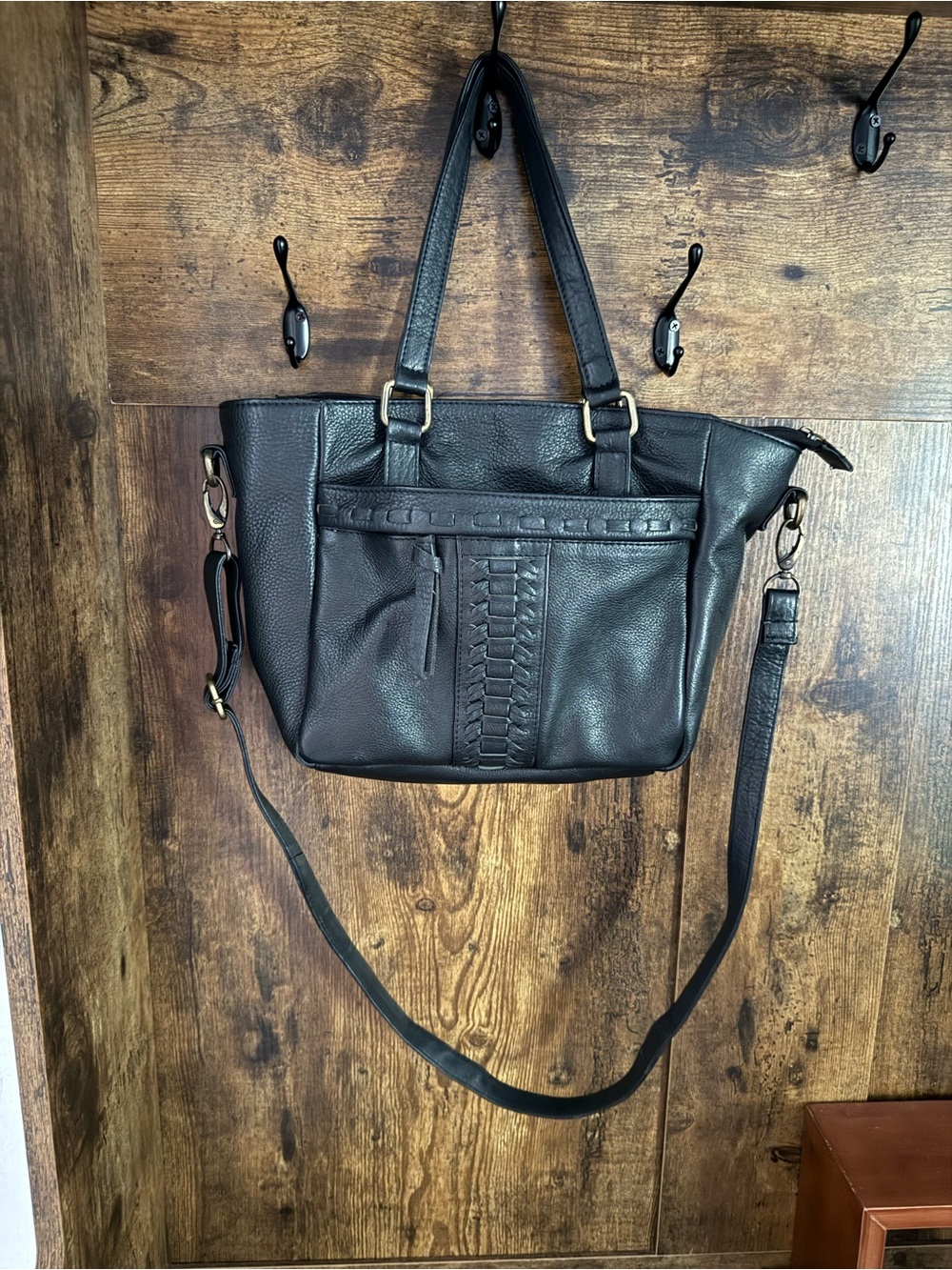 Black Woven-Front Shoulder Bag with Detachable Strap